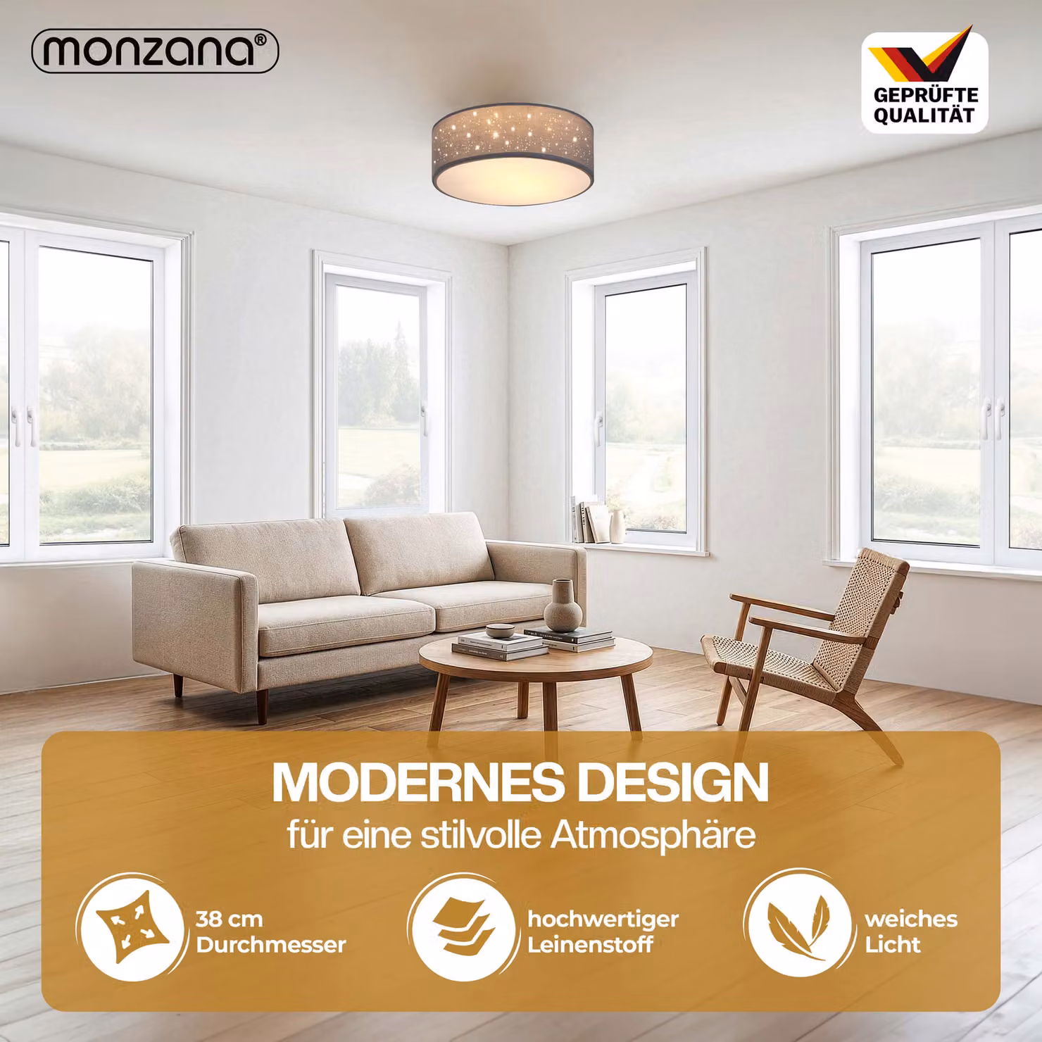 Lampadario da soffitto MONZANA in tessuto e alluminio grigio, Ø 38 cm – 2