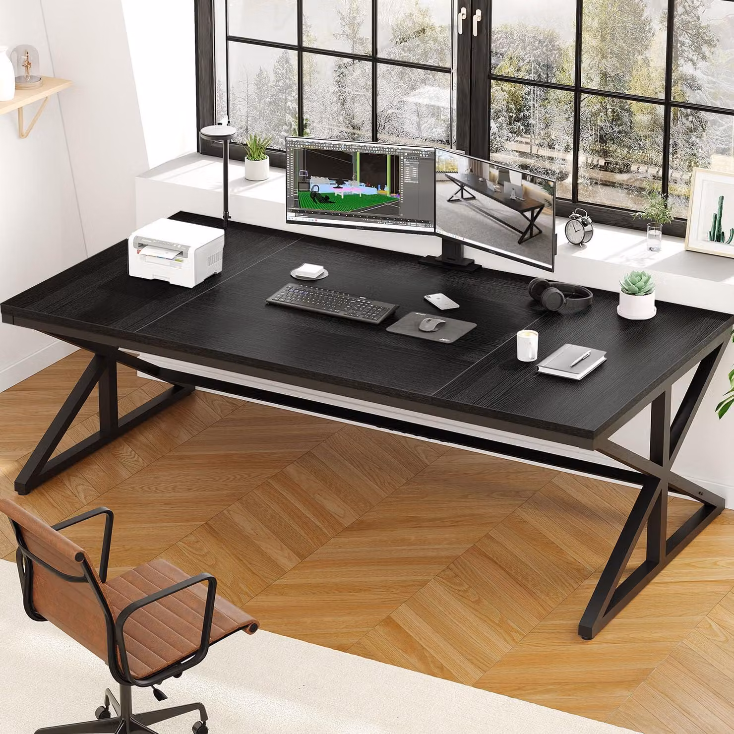 Scrivania da ufficio - 180 cm - Noce nero - Legno e metallo - Stile moderno ed elegante