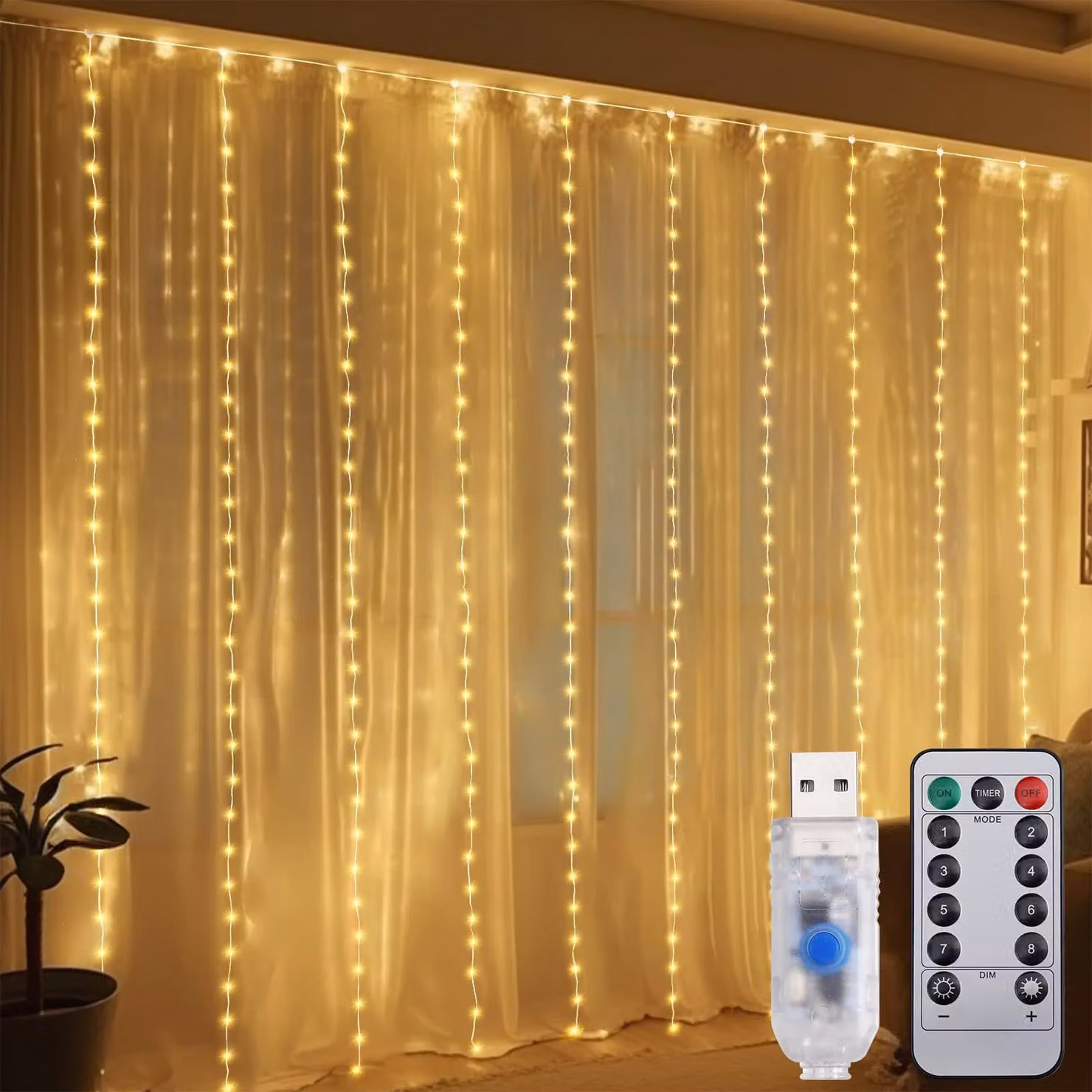 Tenda luminosa a LED, dimensioni 3x3 metri, 300 LED, luce bianco caldo, 8 modalità, grado di protezione IP44