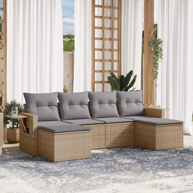 Set Divano da Giardino a L VIDAXL in Polyrattan Beige con Cuscini per 6 Persone