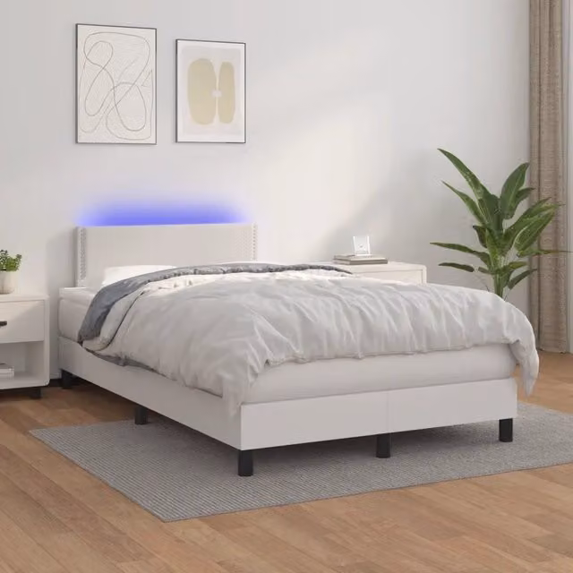 Letto con giroletto a molle e materasso vidaXL in similpelle bianco con illuminazione LED e porta USB L/P: 120 x 200 cm