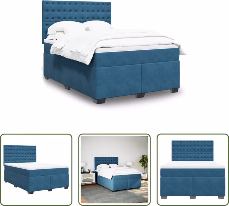 The Living Store Letto a molle con materasso Blu 140x190 cm in velluto