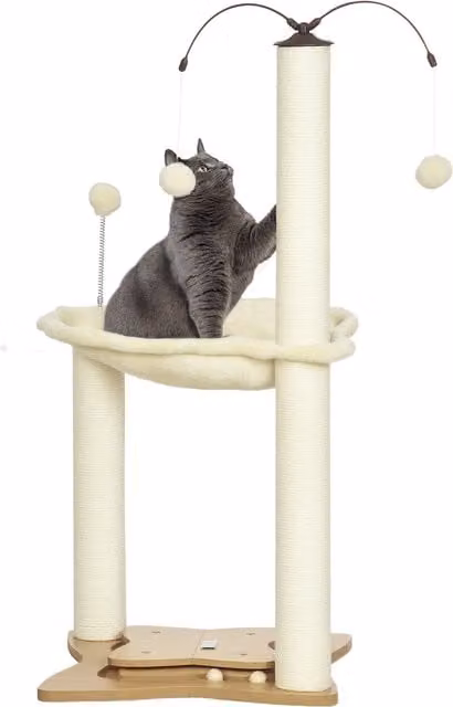 Albero Tiragraffi per Gatti PawHut Aosom con Amaca e Giochi Integrati, Pali in Sisal e Struttura in MDF, Beige, L 53.5 x P 53.5 x H 90 cm – 1