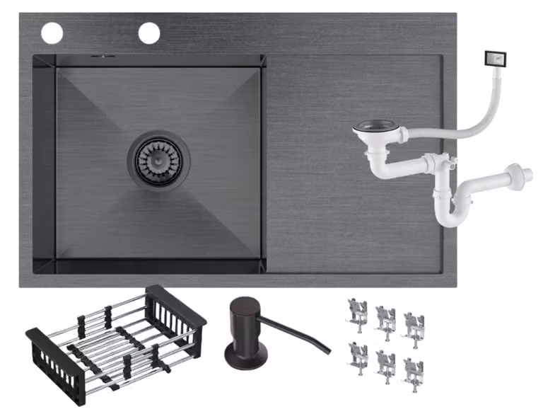 Granitan - Lavello acciaio inox - Lavandino 78x49 cm - Lavello cucina nero - con sifone - BARI78L