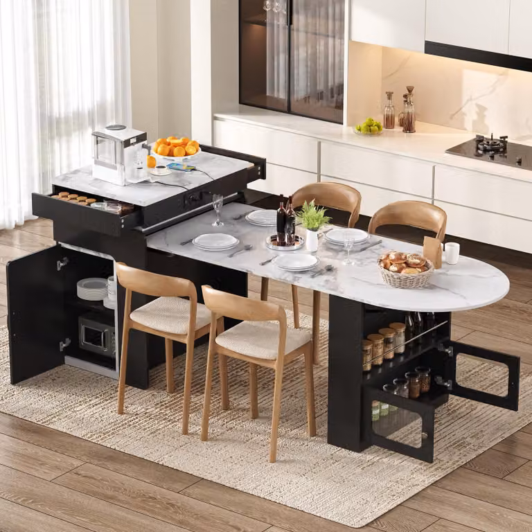 Tavolo allungabile con prese elettriche, illuminazione LED, ruote, piano di lavoro con cassetti, bancone da bar, tavolo per cucina e sala da pranzo, colore nero