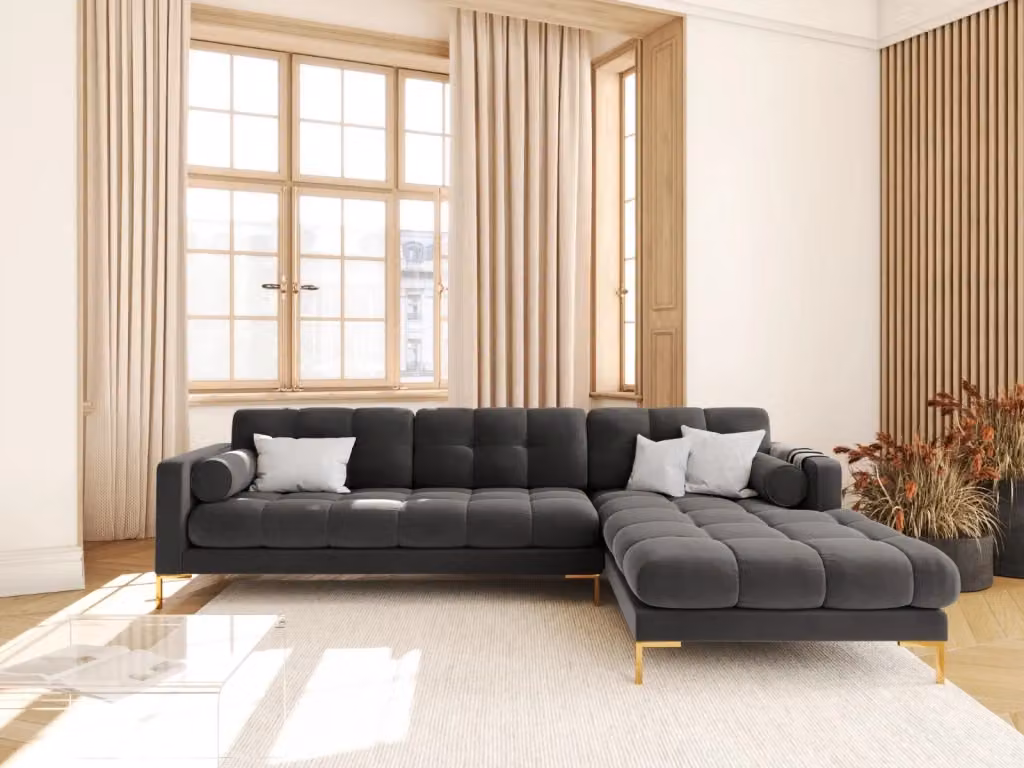 Divano angolare destro Bali di Cosmopolitan Design in velluto grigio scuro con 5 posti a sedere L/P/H: 293 x 185 x 75 cm – 2