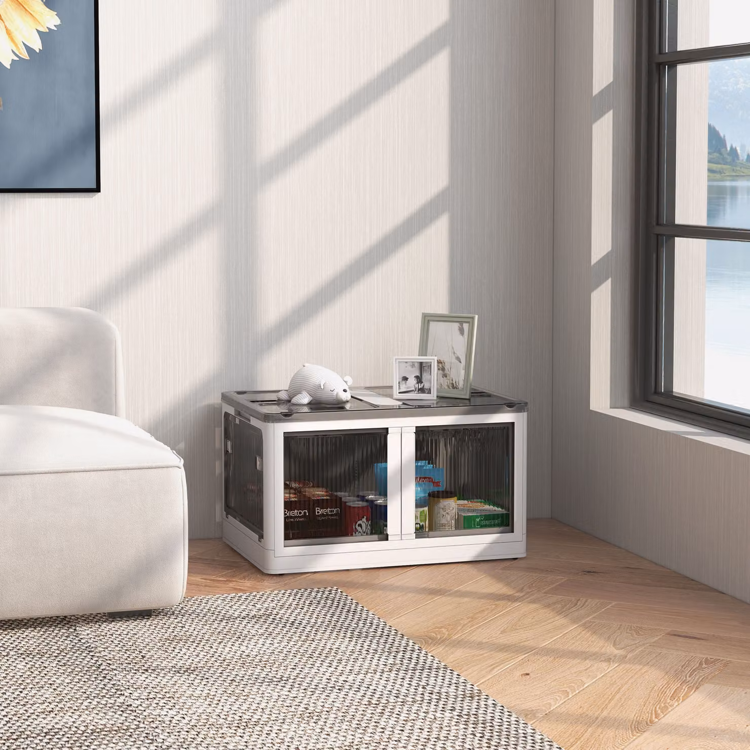 Contenitore in plastica HOMCOM con coperchio impilabile e pieghevole, 5 aperture, con ruote, Bianco, L: 60 cm, P: 42 cm, H: 34 cm – 2