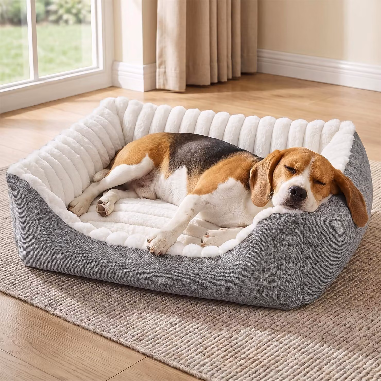 Omgoods - Cuccia per cani con base antiscivolo e cuscino lavabile, adatta a cani di piccola e media taglia - Colore crema (taglia S)
