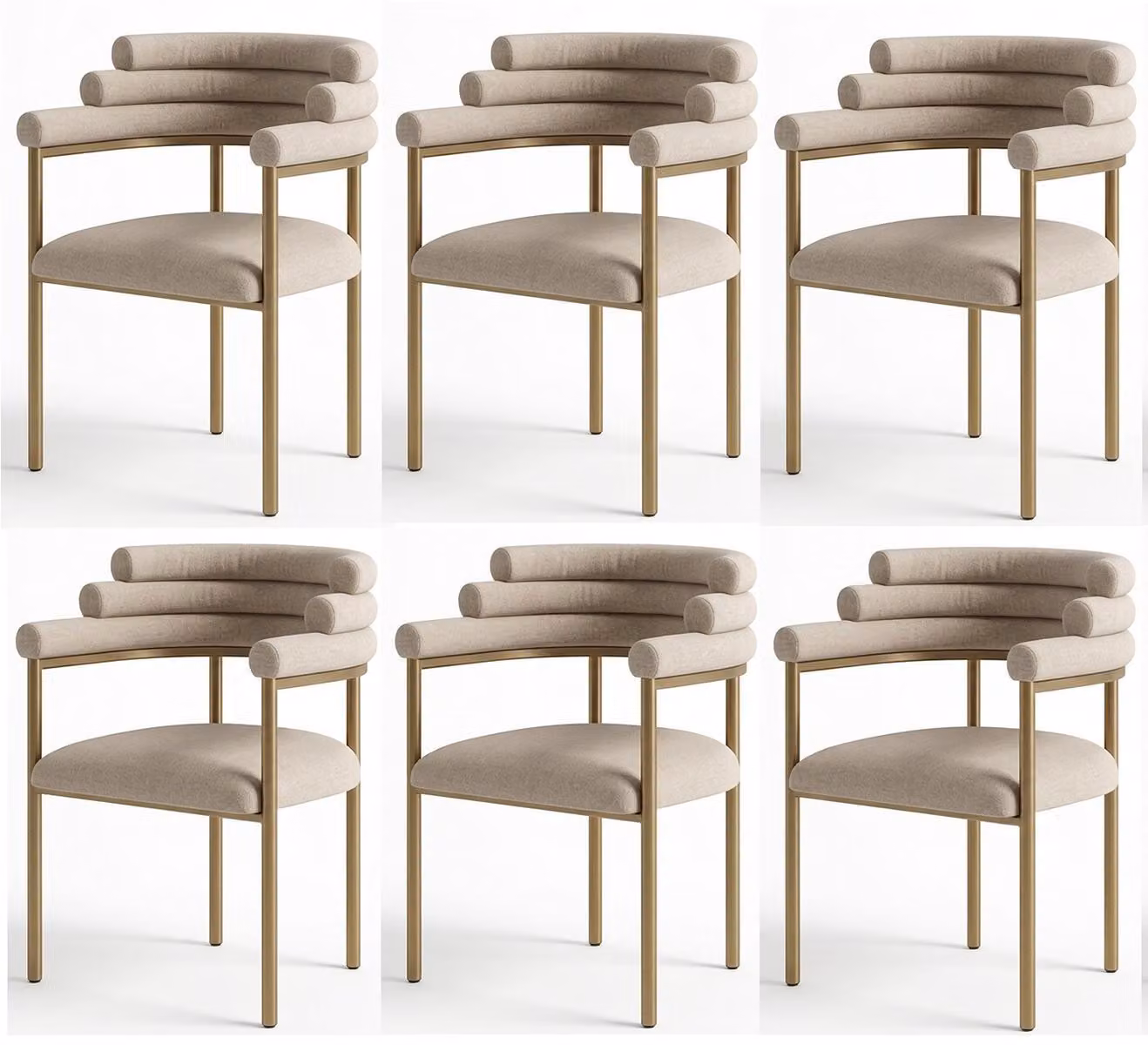 Set di sei sedie beige, ideali per la sala da pranzo. Sedie imbottite