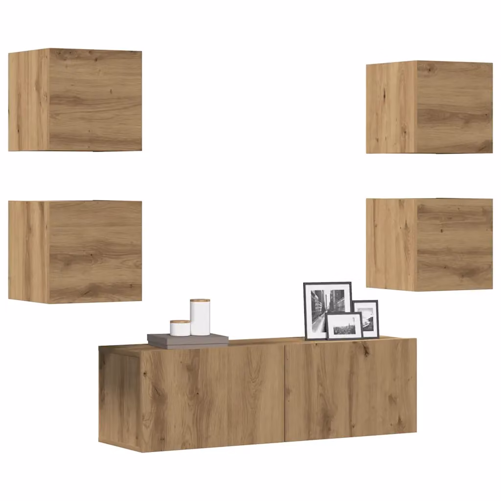 Set Mobile TV vidaXL da 5 pezzi in legno multistrato e MDF, montaggio a parete, colore marrone opaco