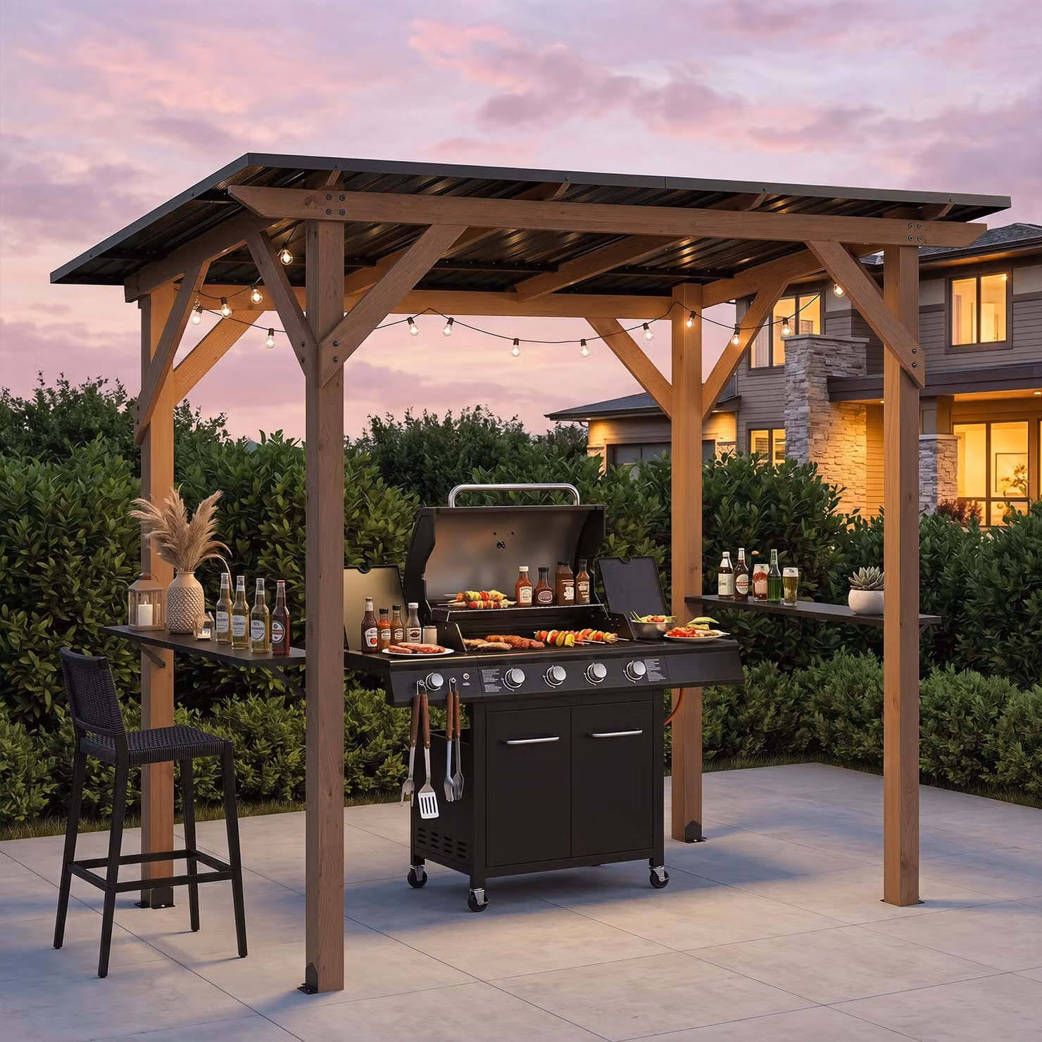 Gazebo da giardino Costway in legno di abete marrone con tettoia inclinata in metallo e 2 ripiani laterali per barbecue