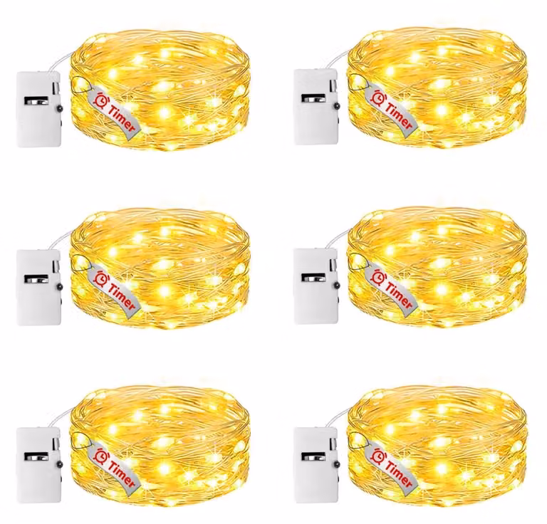 Set di 6 luci a LED, luce bianco caldo, lunghezza 2 metri, con timer, alimentazione a batteria