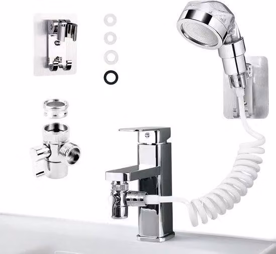 Set di rubinetto e doccetta manuale per WC Unyqoos®: doccetta manuale in ABS con tubo estensibile da 1,5 metri, supporto e valvola con controllo separato