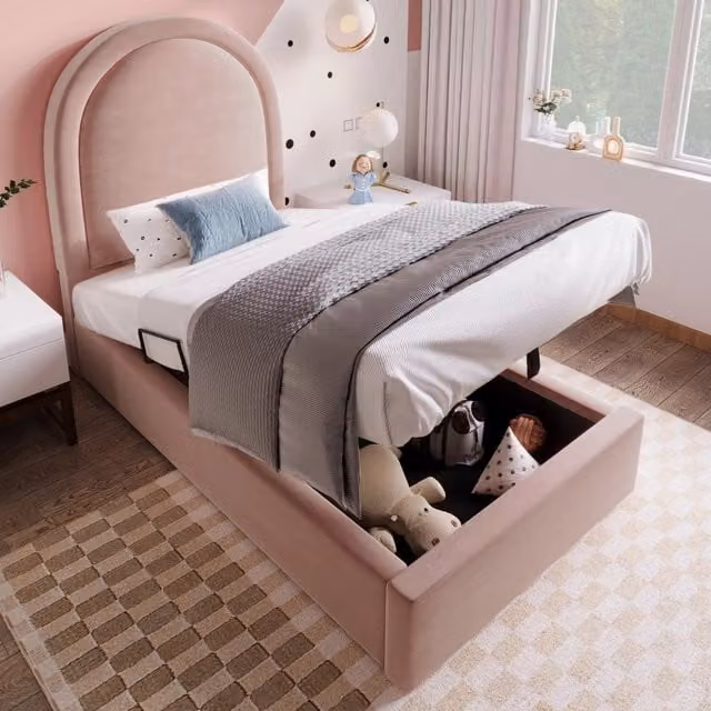 Letto singolo 90x200 in velluto rosa con testiera a semicerchio e contenitore