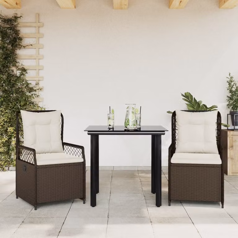 Set da Pranzo da Giardino 3pz vidaXL in Polyrattan Marrone e Nero con Piano in Vetro