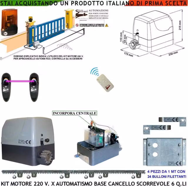 Kit Automazione Cancello Scorrevole da 6 Q.li Motore Elettrico 230 V Con Centrale Radiocomando Faro Fotocellula 4 Metri di Cremagliera in Nylon Fine Corsa Accessori Fissaggio Condensatore Pignone Z12