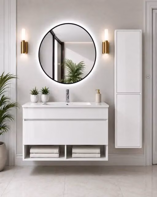 Mobile bagno sospeso con lavabo ORIGENBATH NEBARI con cassetto con colonna 90x40 cm bianco con colonna