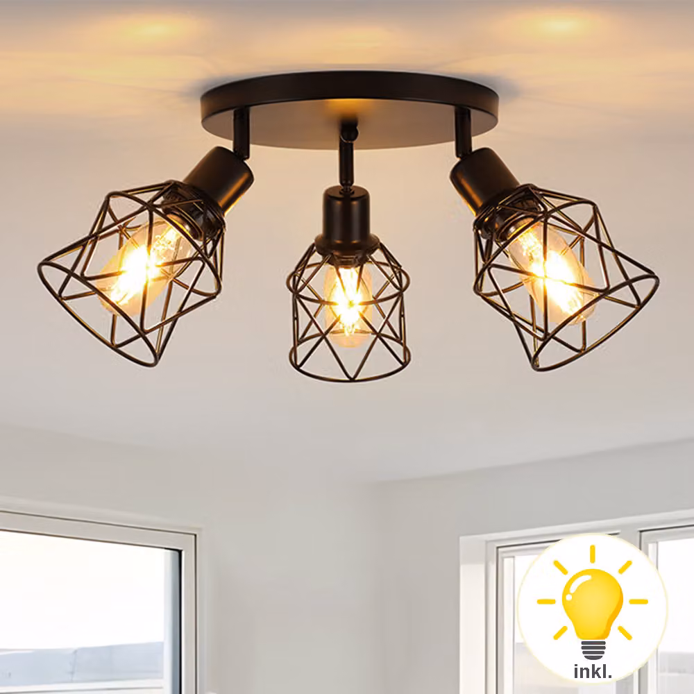 Lampada da soffitto retrò ruotabile, luce da soffitto con 3 lampadine LED E27 ferro per soggiorno camera da letto corridoio ristorante hotel negozio caffè bianco caldo