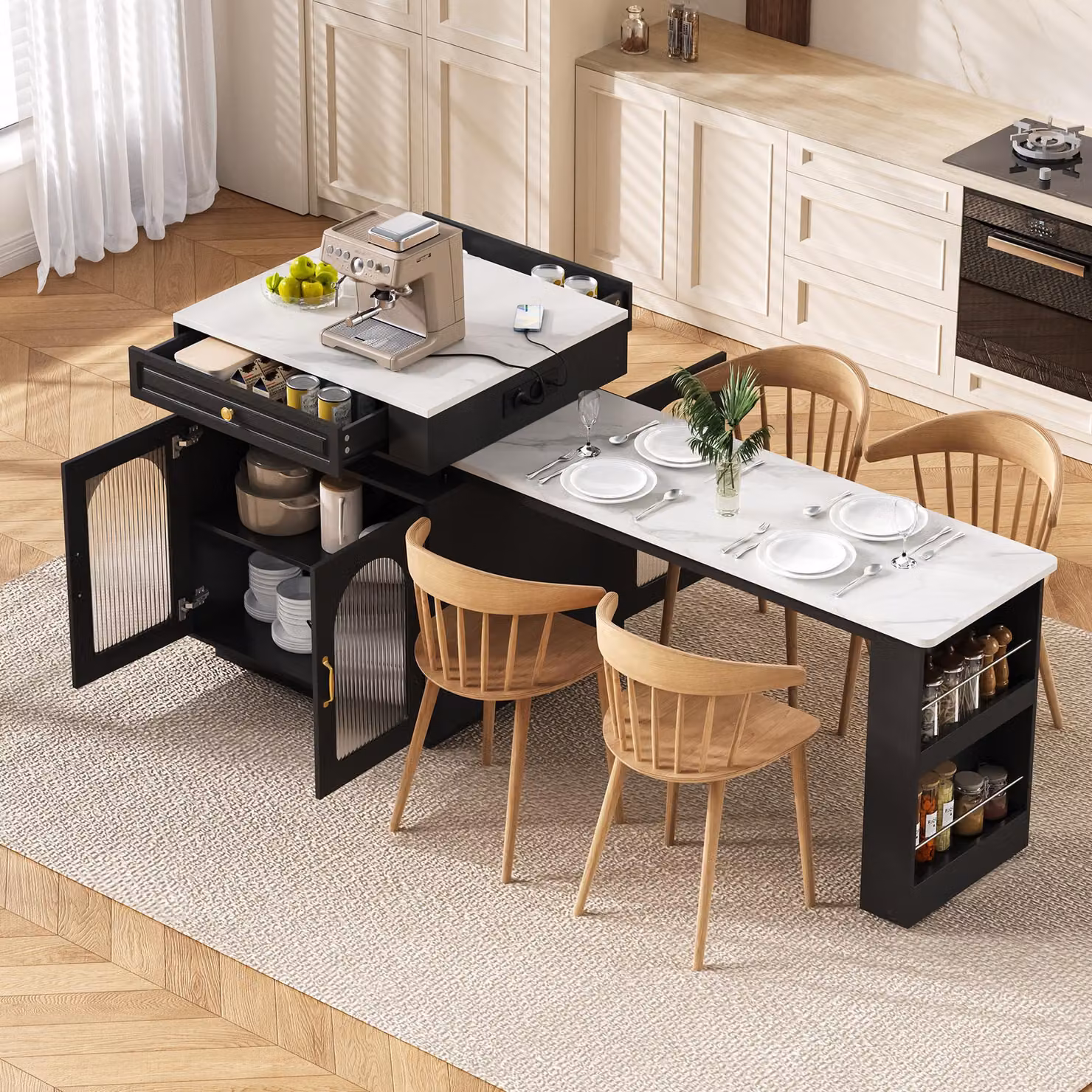 Tavolo allungabile con illuminazione a LED, bancone con prese elettriche, tavolo da cucina/pranzo 128-200x71x92 cm, ideale per cucina e sala da pranzo, colore nero