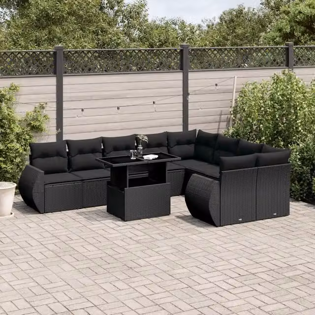 vidaXL Set Divani da Giardino 10 Pezzi con Cuscini e Tavolino in Polyrattan Nero e Acciaio