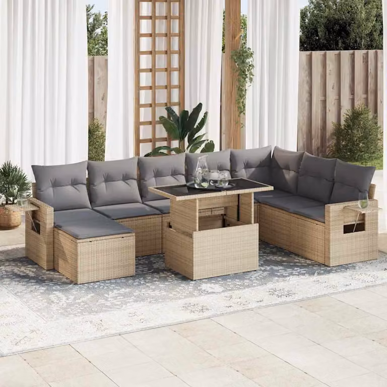 Set Divano da Giardino vidaXL 9 pz a L con Cuscini Beige e Tavolino in Polyrattan e Metallo