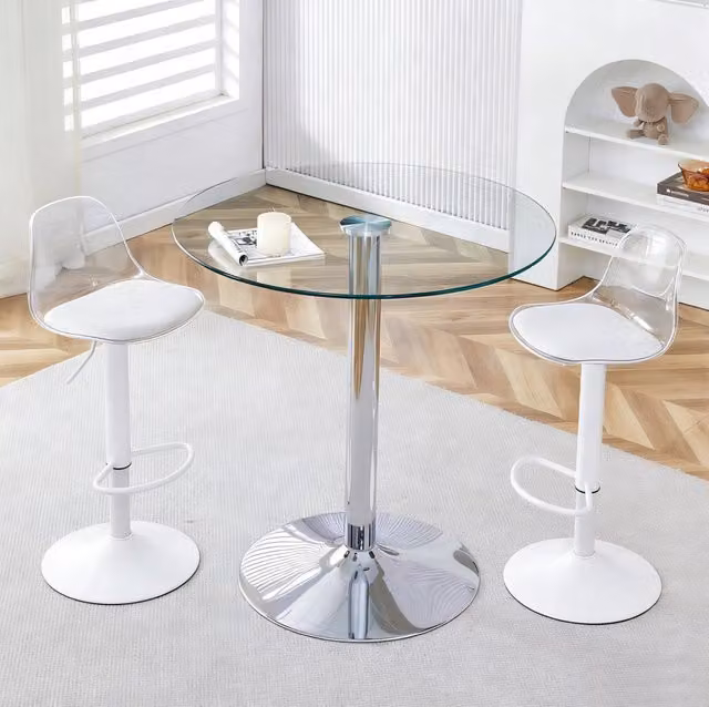 Set tavolo bar Ø89 cm trasparente vetro e metallo, 2 sgabelli regolabili