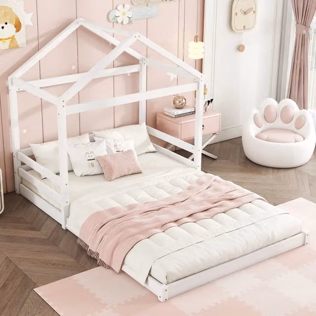 Letto a casetta REDOM per bambini in legno di pino e MDF bianco L/P: 140 x 200 cm