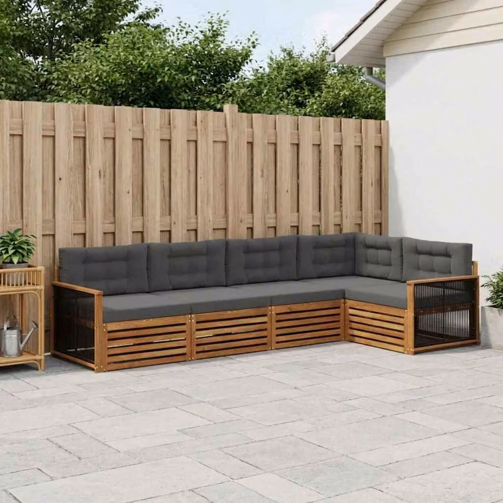 Set di divani da esterno vidaXL a forma di L composto da 5 pezzi in legno di acacia con cuscini in tessuto beige e antracite