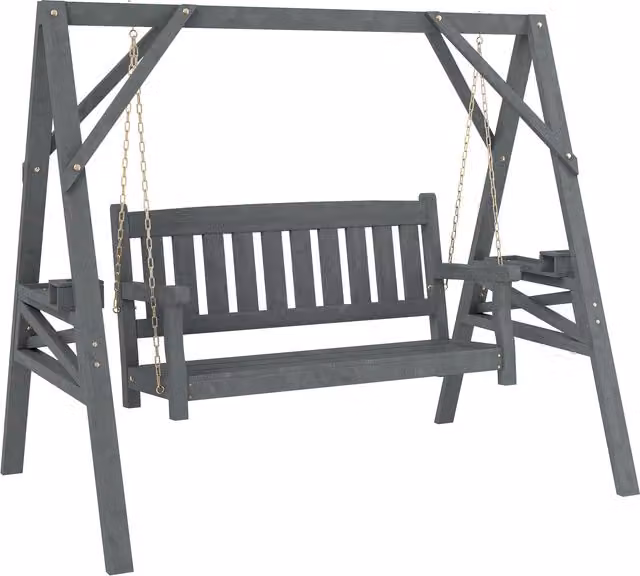 Panca a dondolo da giardino Outsunny per 2 persone in legno e metallo con ripiani e portabicchieri, Grigio