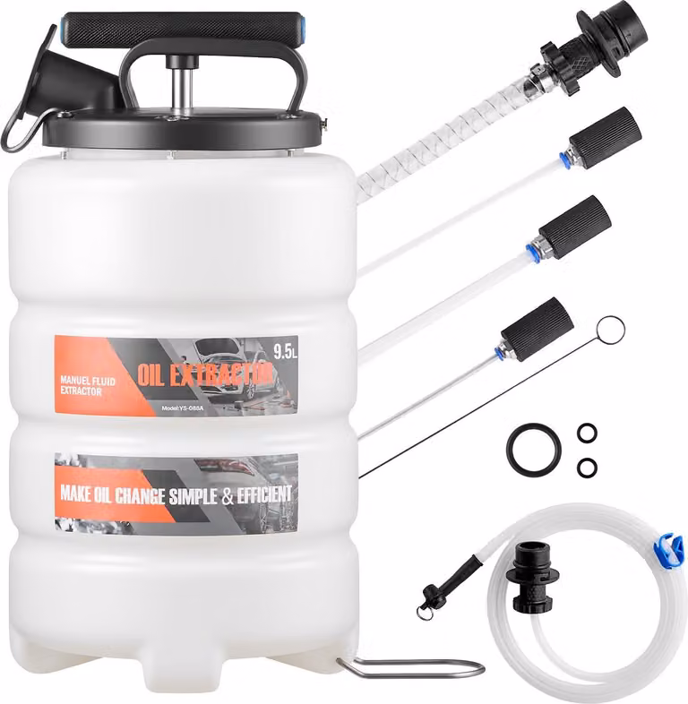 Pompa di aspirazione olio e aspiratore di liquidi - Pompa manuale per cambio olio - Capacità 9,5 L - Serbatoio in HDPE - Tubo flessibile e prolunghe inclusi - Per auto, tosaerba e barche