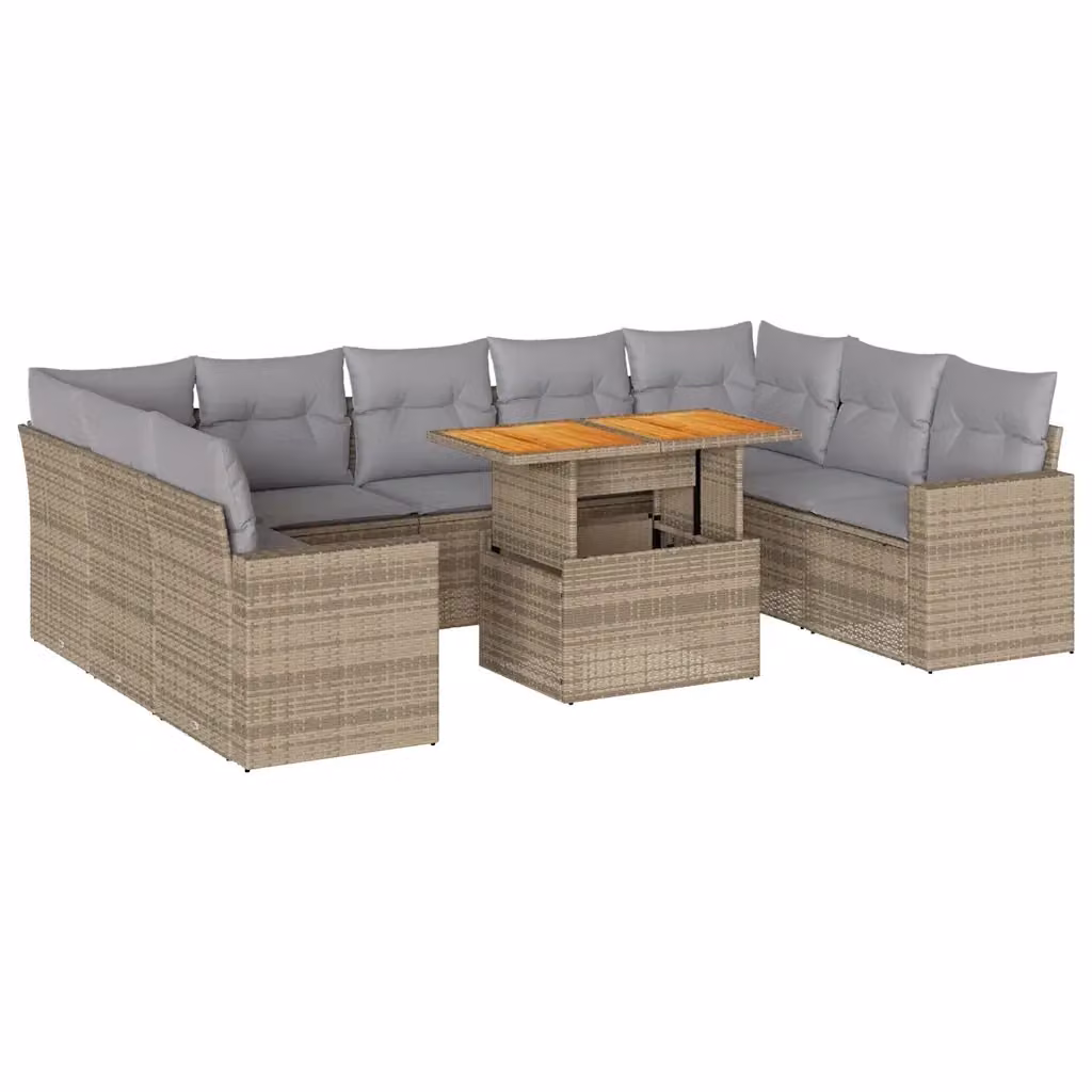 Set Divano da Giardino vidaXL 10 pz in Polyrattan e Legno di Acacia con Cuscini Beige e Grigio – 2