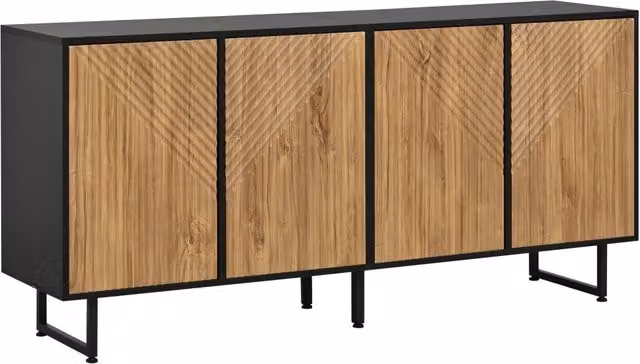 Sideboard soggiorno 160x40x75 cm con 4 ante, legno naturale e finiture nere, struttura in truciolare con gambe in metallo
