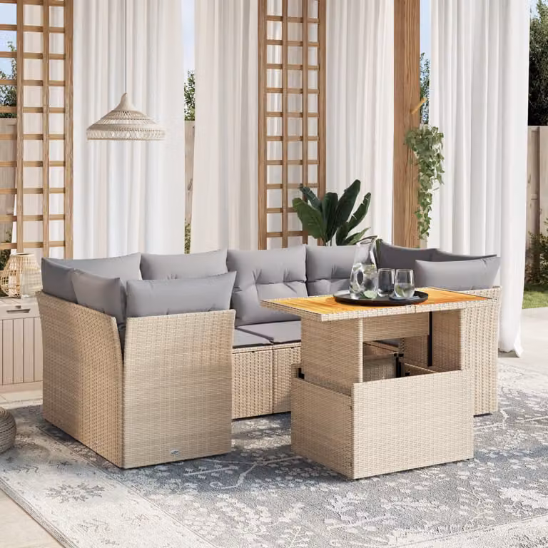 vidaXL Set Divani da Giardino a L 7 pz con Tavolino e Cuscini Beige in Polyrattan e Legno di Acacia