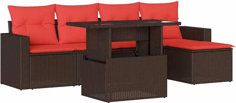 Set Divani da Giardino 6 pz con Cuscini Marrone in Polyrattan