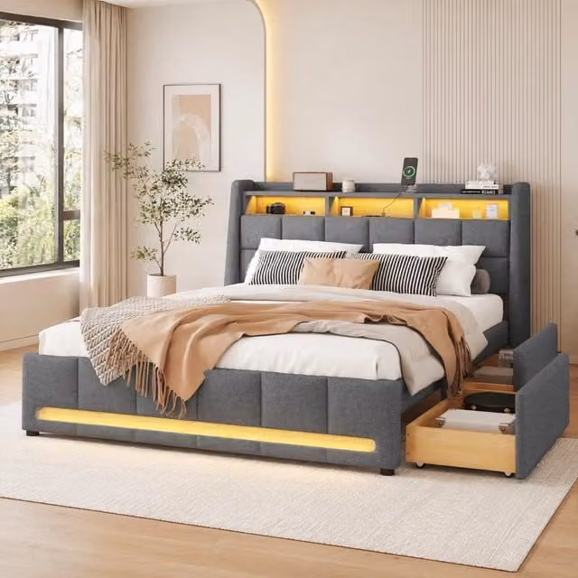 Letto Mivray con cassetti e testiera con vani, illuminazione LED e porta USB, rivestito in tessuto grigio, L/P/H: 200 x 140 x 110 cm