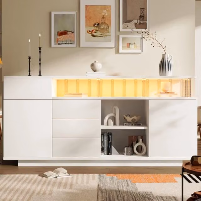 Credenza bianca con LED; 4 cassetti; 2 ante e ripiani regolabili; MDF e acrilico; 160 x 40 x 75 cm