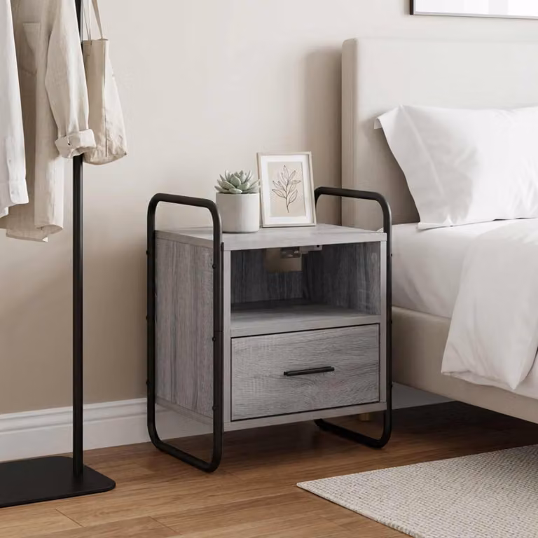 vidaXL Mobiletto da Letto Appeso Moderno in MDF e Metallo, Colore Grigio e Nero, L 40 cm x P 30 cm x H 50 cm