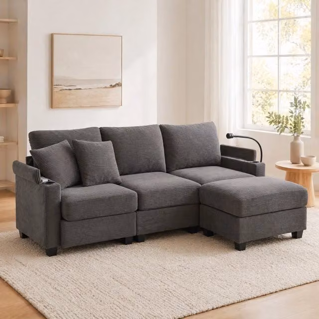 Divano angolare a L intercambiabile 213;5 x 139 x 87 cm in corduroy grigio scuro