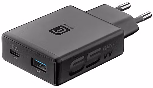 Caricabatteria Cellularline Slim Power Lite 65W con 2 porte USB, Nero