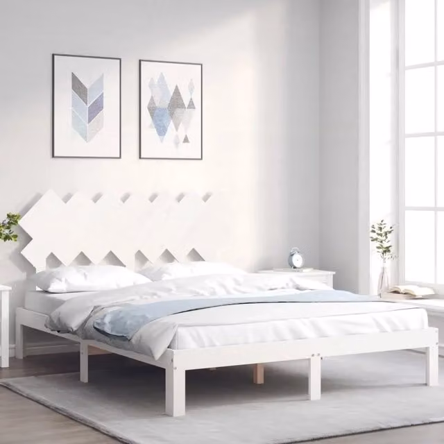 Letto senza materasso Design Mania in legno massello di pino bianco stile rustico L/P/H: 193.5 x 143.5 x 140 x 190 cm