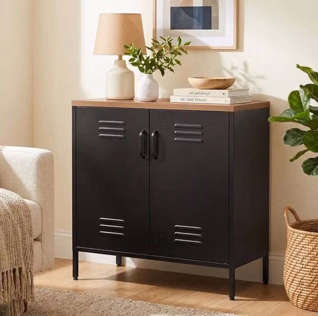 Credenza ULEVR 80x40x80 cm in metallo nero con 2 ante, ripiano regolabile e piano da 2,5 cm