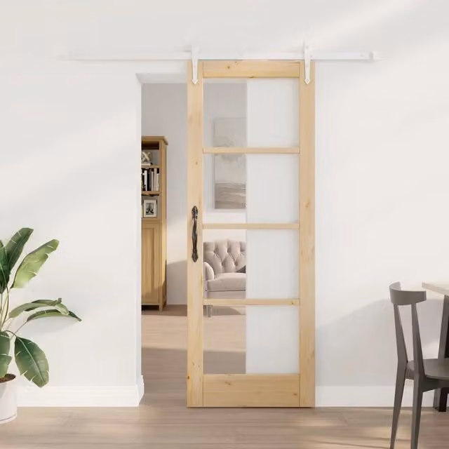 Porta scorrevole vidaXL in legno di pino massello e vetro trasparente, colore marrone, L: 73,5 cm, H: 198,5 cm