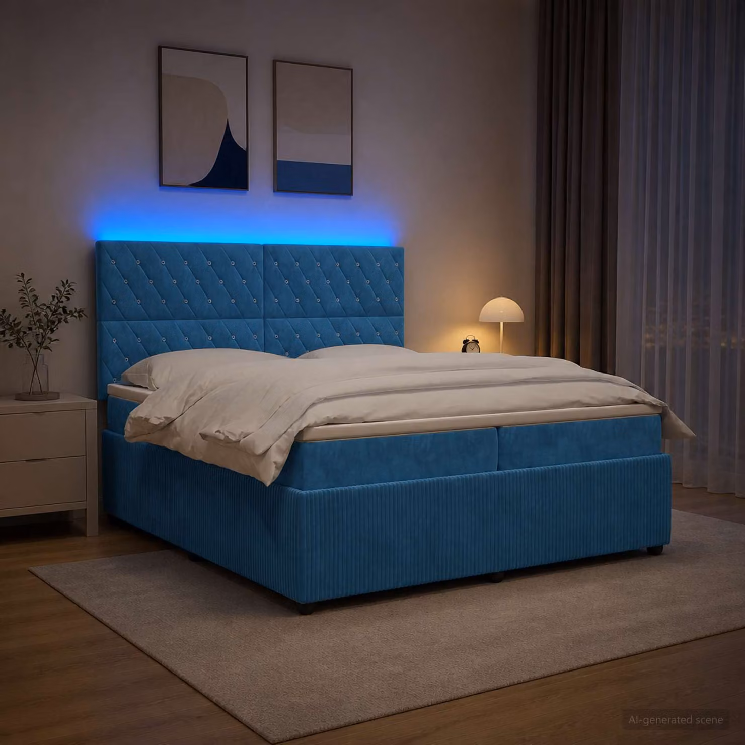 Letto Box Spring vidaXL in Velluto Blu con Materasso Ibrido e Illuminazione LED, L/P: 200 x 200 cm