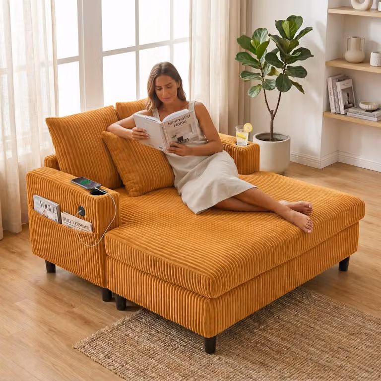 LVHOM divano letto con LED e USB, poltrona in tessuto a coste, divano lounge con tasche laterali e portabicchieri, portata 350 kg, 128x85x142 cm, giallo