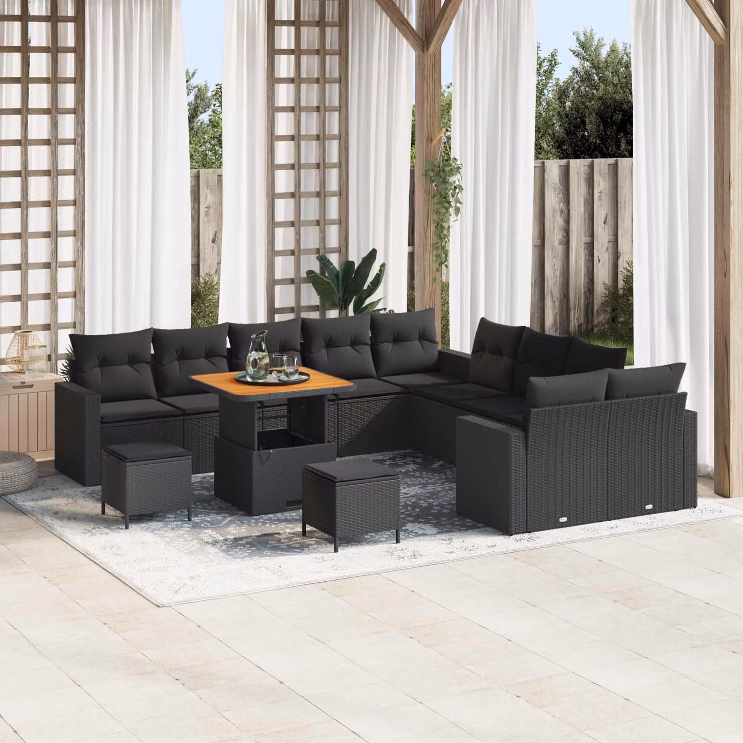 Set Divano da Giardino vidaXL a Forma di L con 17 Pezzi, Nero, in Polyrattan con Cuscini e Tavolino – 1