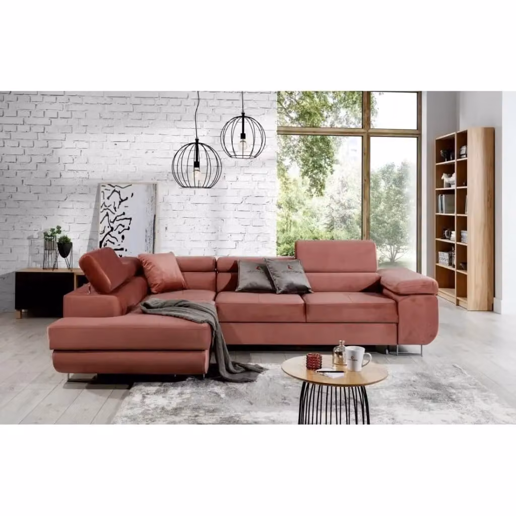 Divano ad angolo convertibile MENTON MEUBLORAMA in velluto rosa con contenitore e funzione letto, L/P/H: 272 x 151 x 85 cm – 2