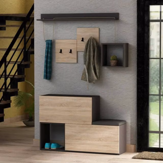 Mobile da ingresso Libeccio DMORA, Entratina appendiabiti e consolle portaoggetti multifunzione, L: 120 cm, H: 76 cm, P: 17 cm, Antracite e Rovere