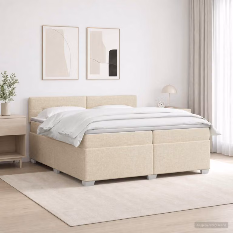 Letto matrimoniale con boxspring, materasso e illuminazione LED, colore crema, dimensioni 200 x 200 cm, rivestito in tessuto