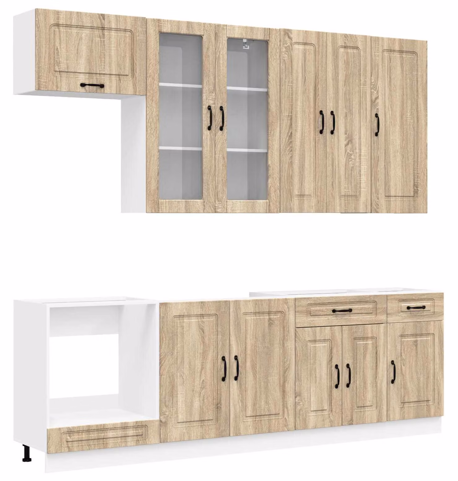 Set di mobili da cucina KALMAR, 8 pezzi, realizzato in legno impiallacciato effetto noce Sonoma