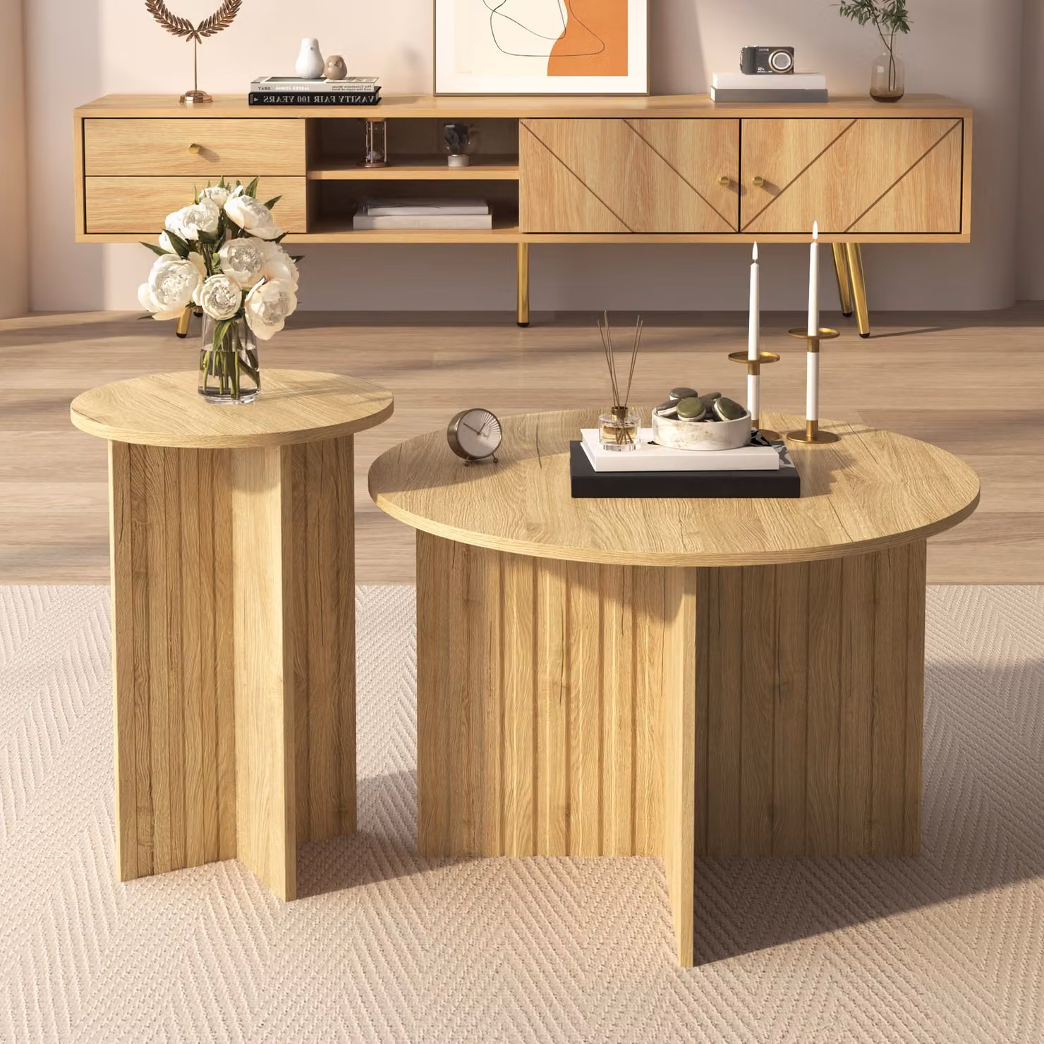 Set di 2 tavolini a nido GL Store in stile scandinavo con piano rotondo, colore marrone naturale, L/P/H: 76 x 76 x 50 cm e 40 x 40 x 56,5 cm – 2